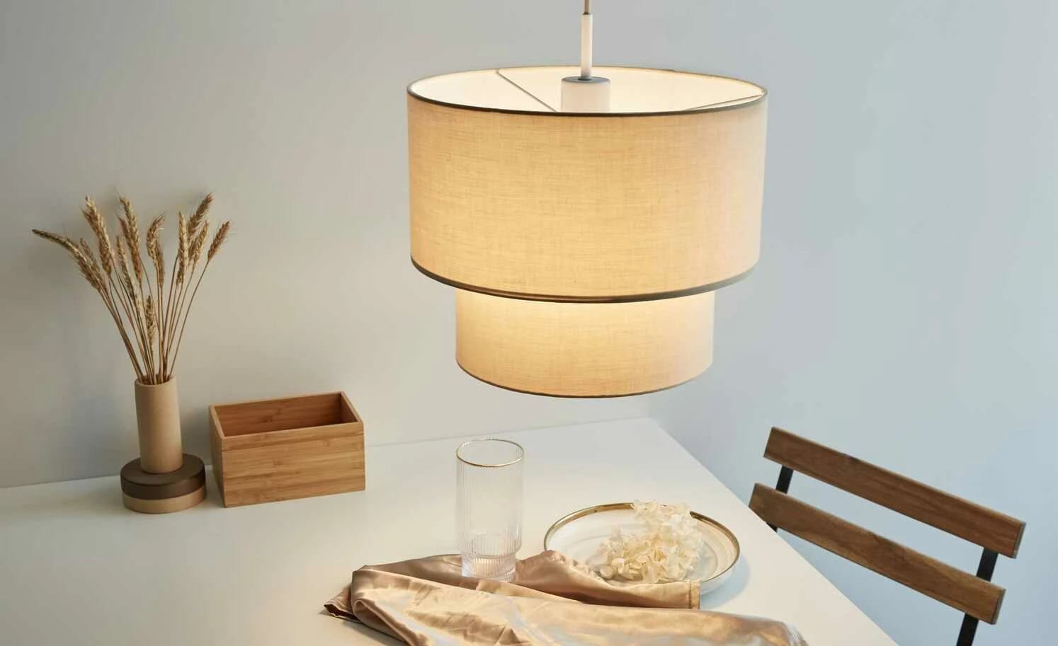 Pendelleuchte, 1-flammig, Stoff/beige – Bild 2