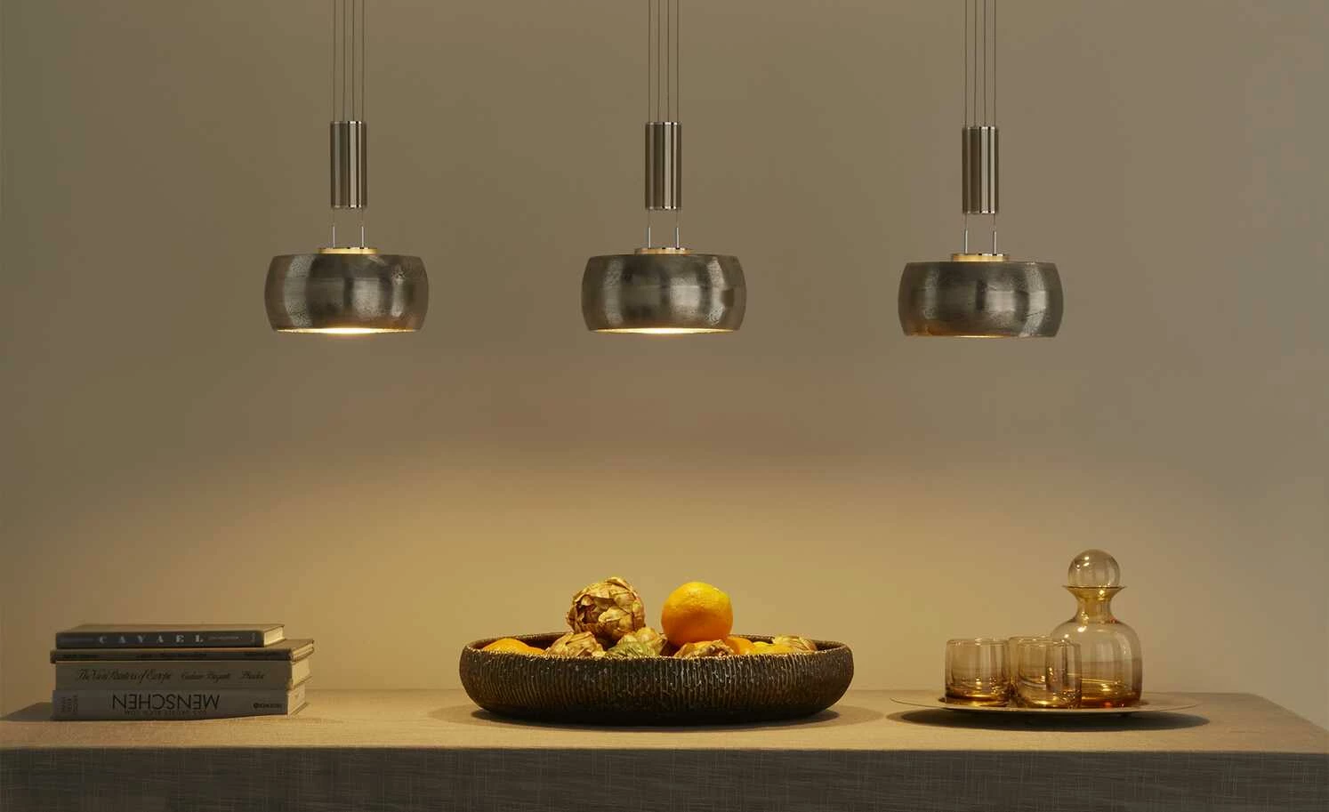 Fischer-Honsel LED-Pendelleuchte, 3-flammig, Schirme Nickel-matt antik