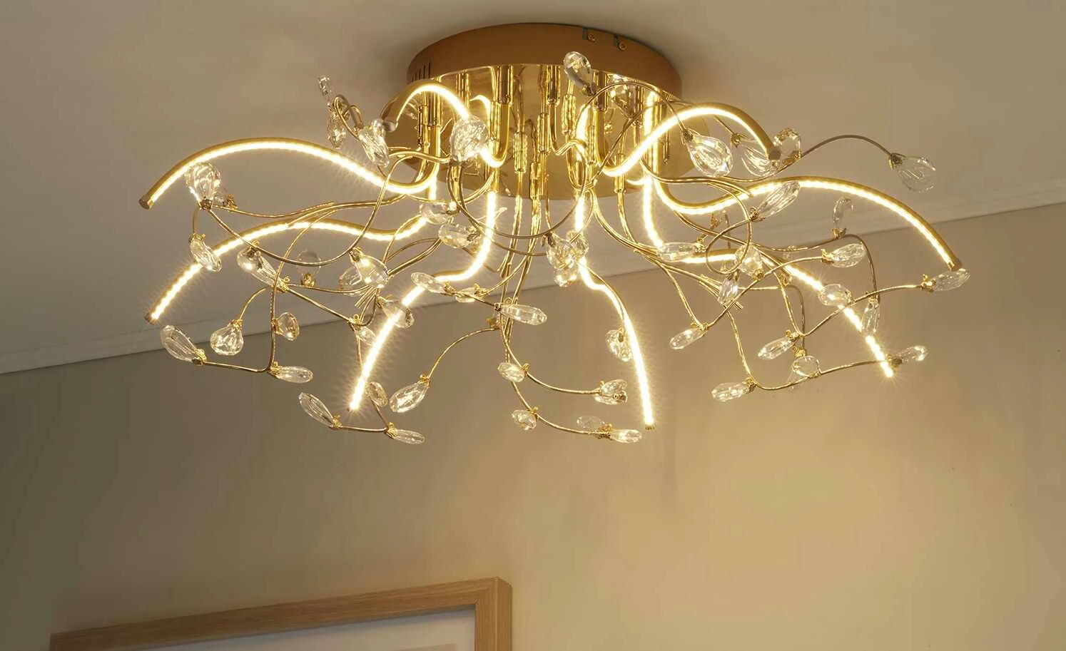 B-Leuchten LED-Deckenleuchte, messing poliert mit Glasblättern | Messing glänzend