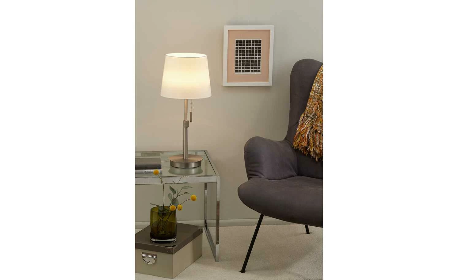 Trio Tischleuchte, 1-flammig, Nickel-matt, Stoffschirm weiß