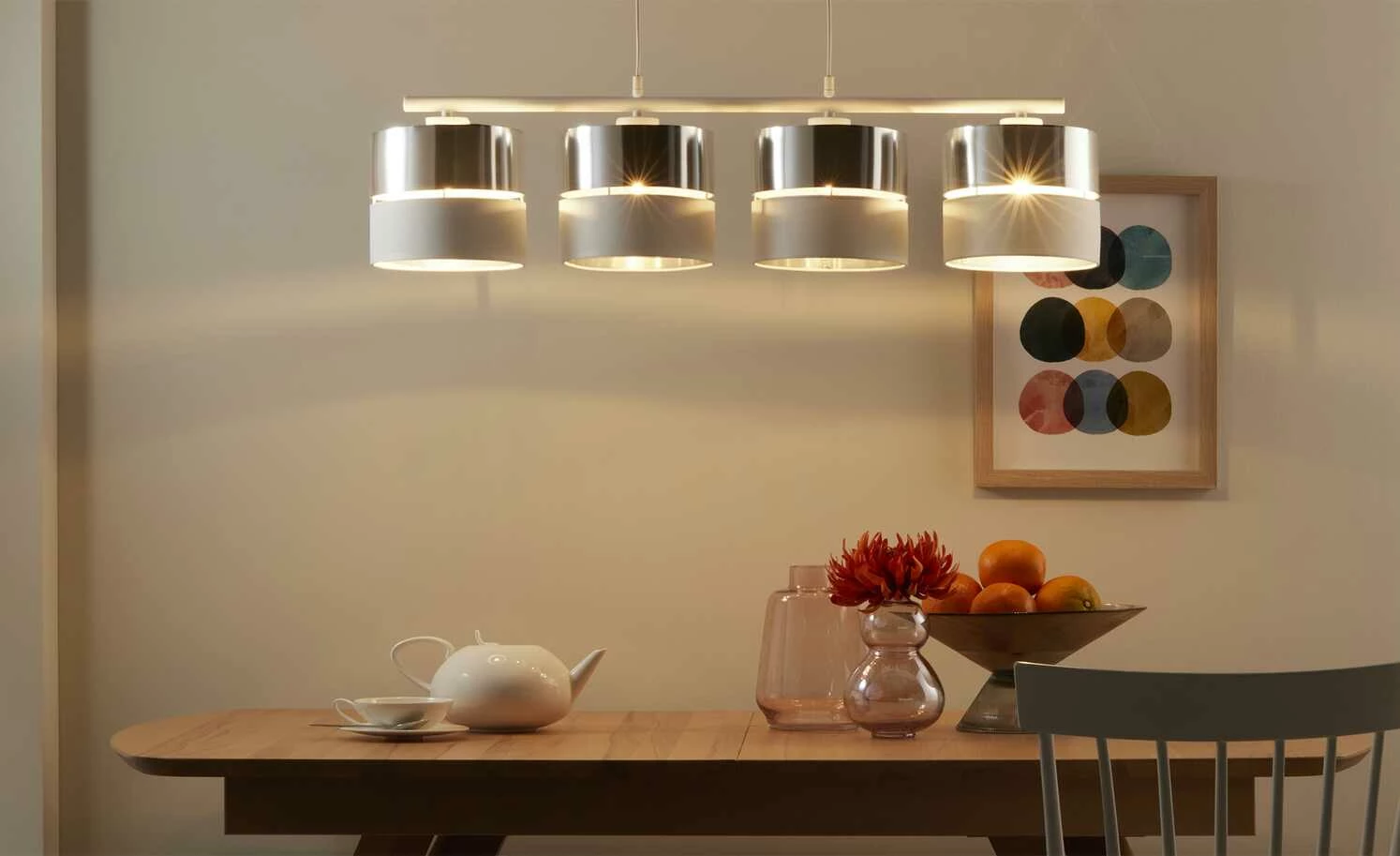 Pendelleuchte, 4-flammig, Weiß/silberfarben