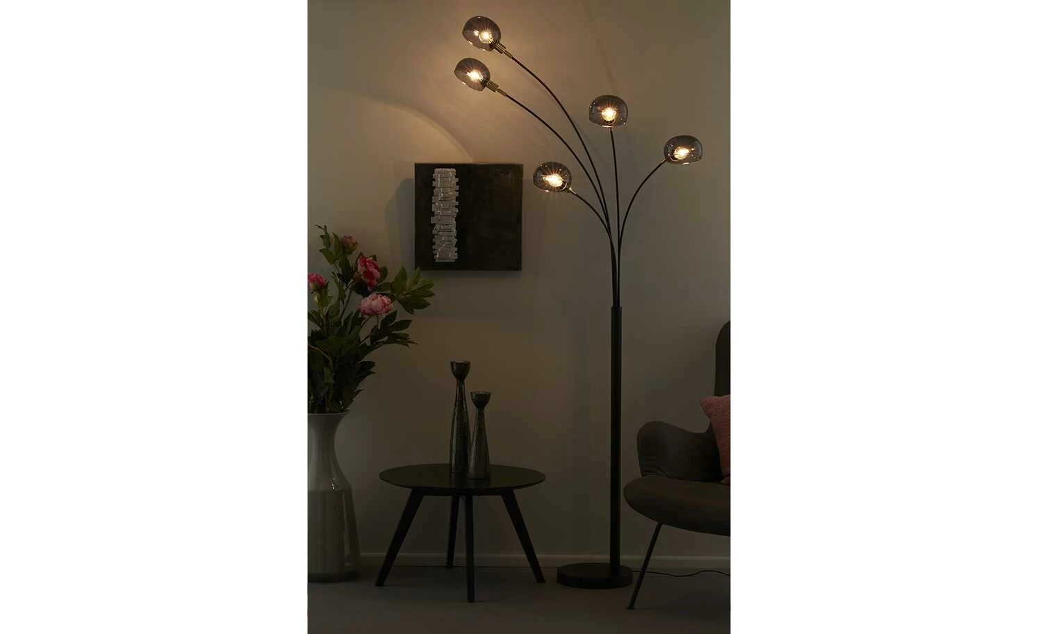 Meisterleuchten Bogenleuchte, 5-flammig, schwarz / Rauchglas