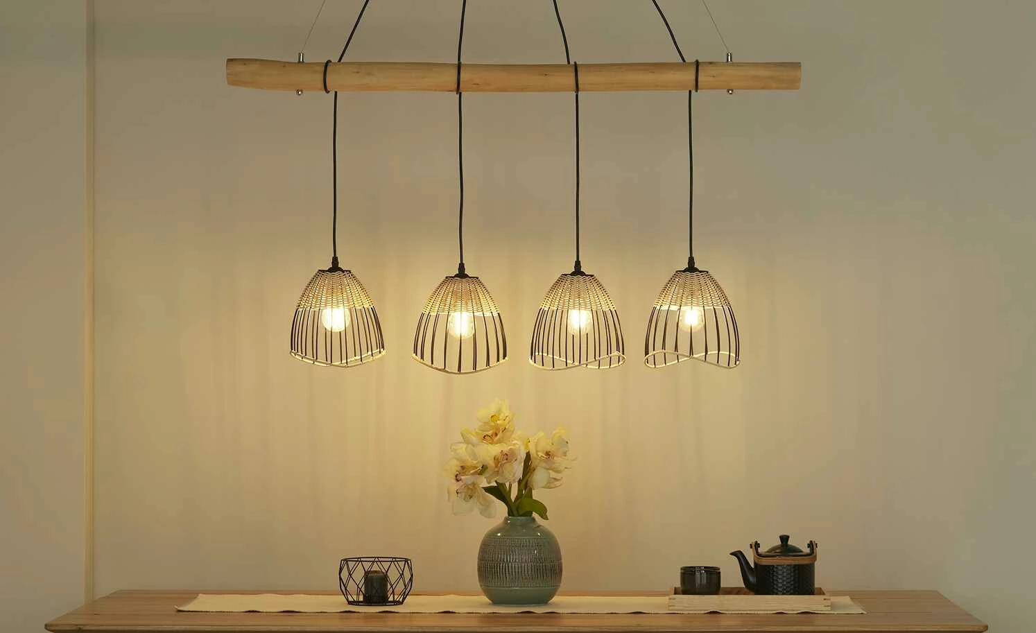 Paul Neuhaus Pendelleuchte, 4-flammig, Rattan