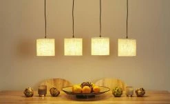 Trio Pendelleuchte, 4-flammig, Pinienholz/ Stoffschirm