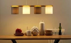 Pendelleuchte, 4-flammig, Stoffschirme grau/weiß