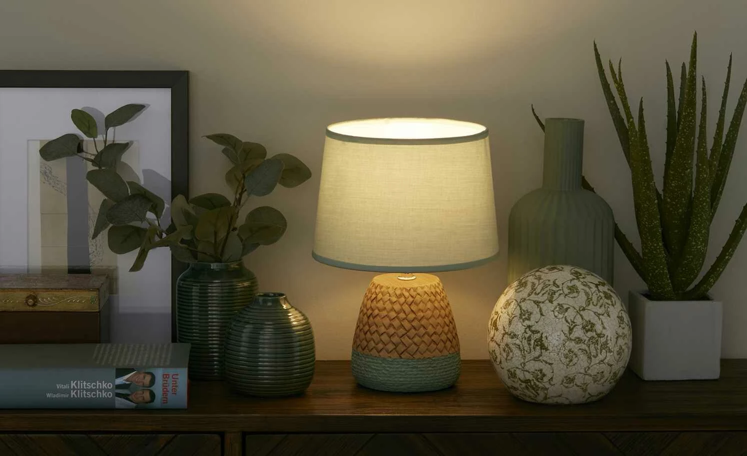 for friends Keramik-Tischleuchte, 1-flammig, türkis mit Seil | Weiß