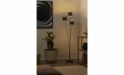 Trio Stehleuchte, 3-flammig, schwarz, Stoffschirm schwarz/gold