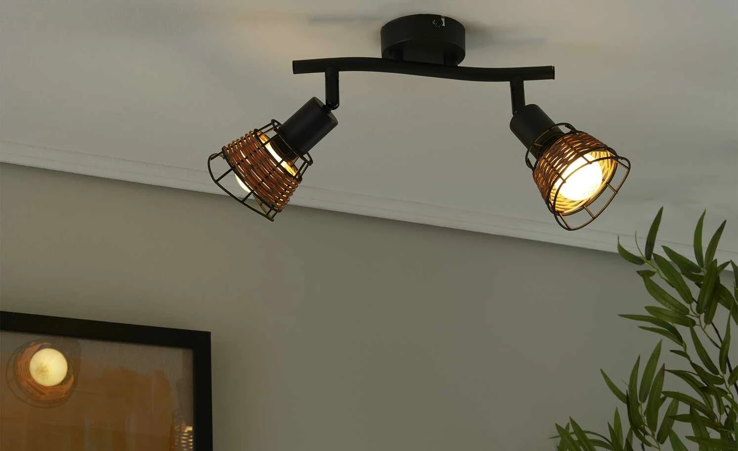 Deckenstrahler 2-flammig, Draht/ Rattan