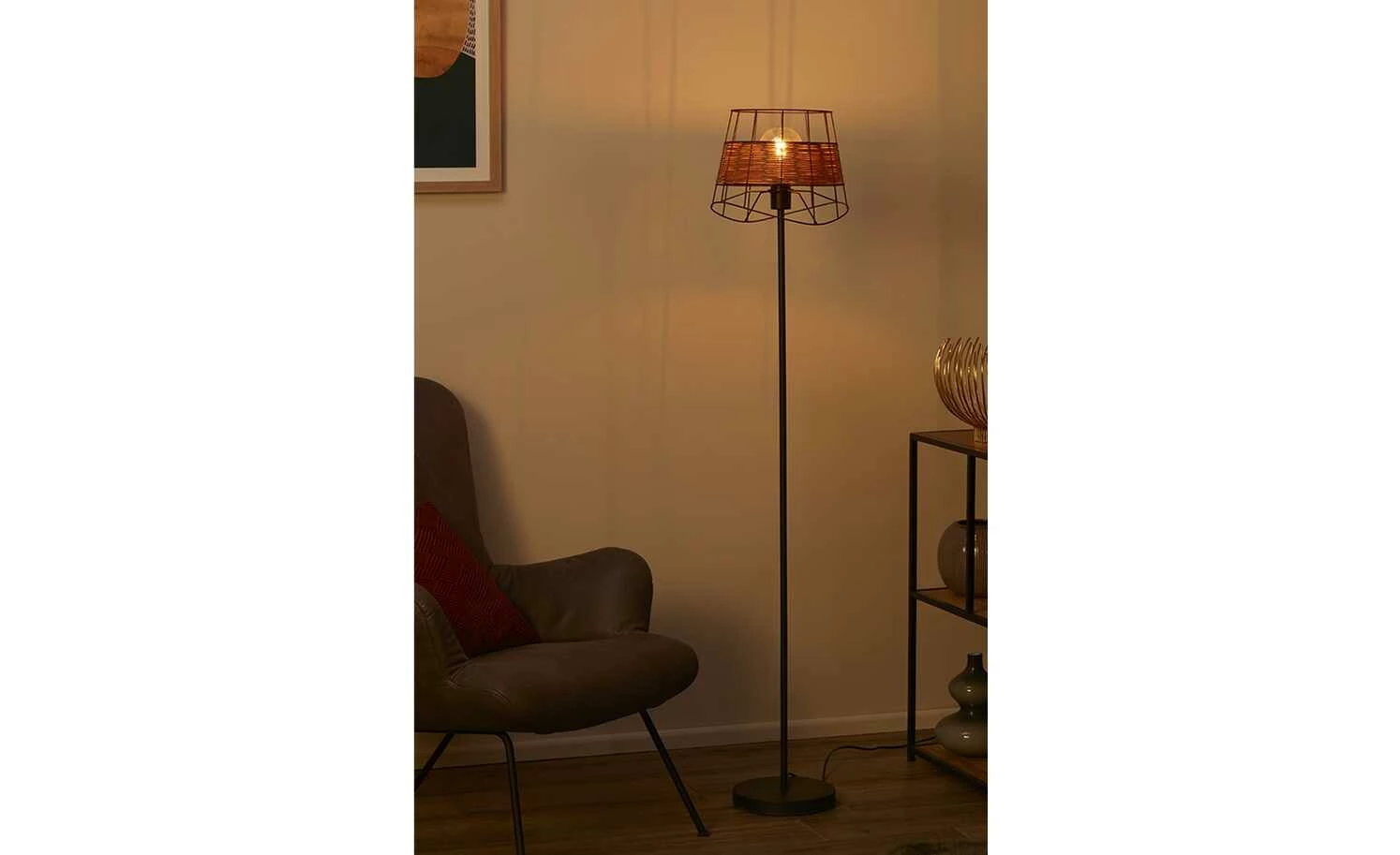 Stehleuchte, 1-flammig, schwarz, Draht/ Rattan