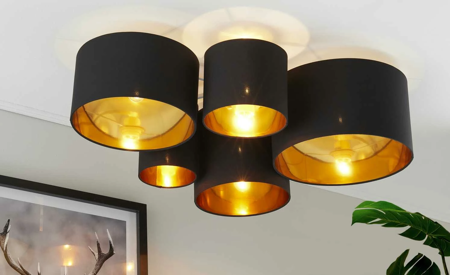 Deckenleuchte, 5-flammig, Stoffschirm schwarz/gold