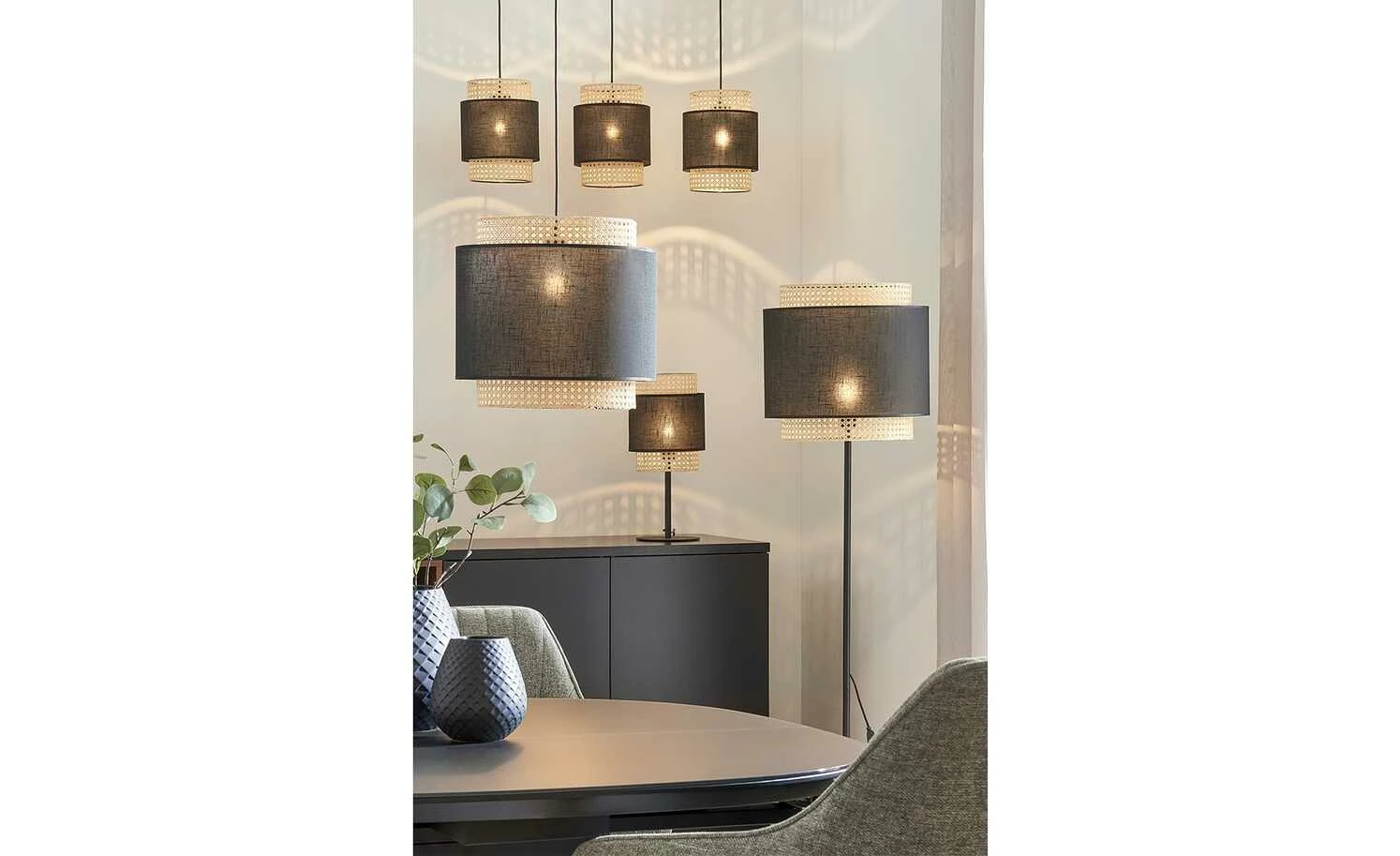 Pendelleuchte 3-flammig, Wiener Geflecht schwarz