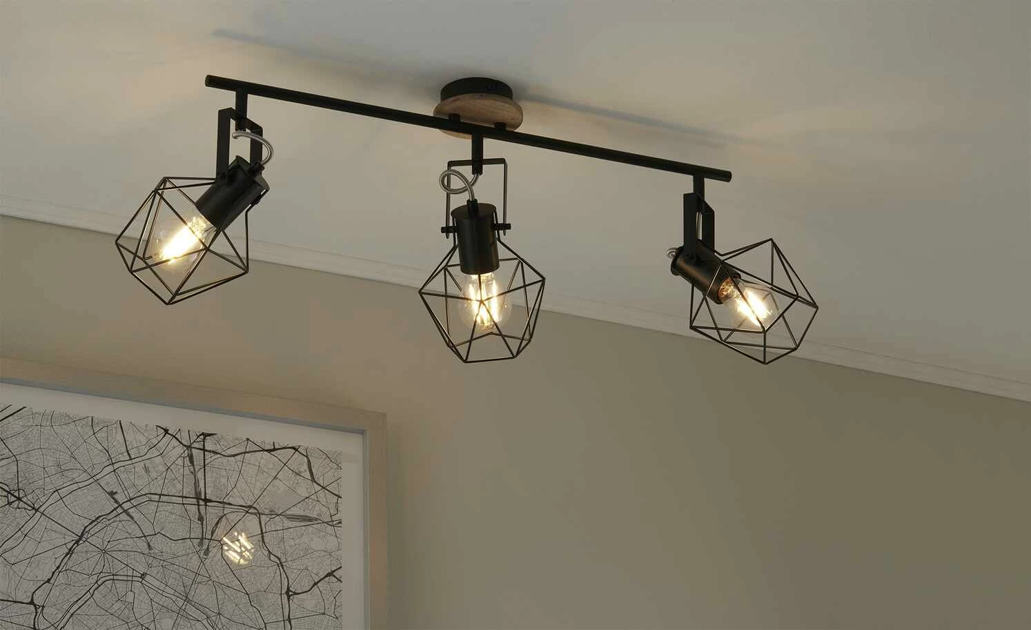 Paul Neuhaus Deckenstrahler, 3-flammig, Rubber Wood/Drahtgestell