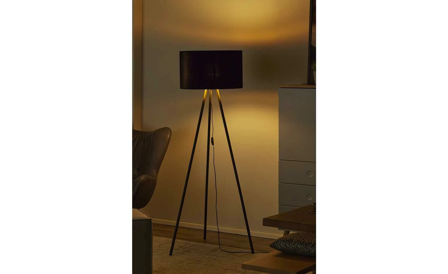 Stehleuchte, 1-flammig, Samtschirm schwarz/gold