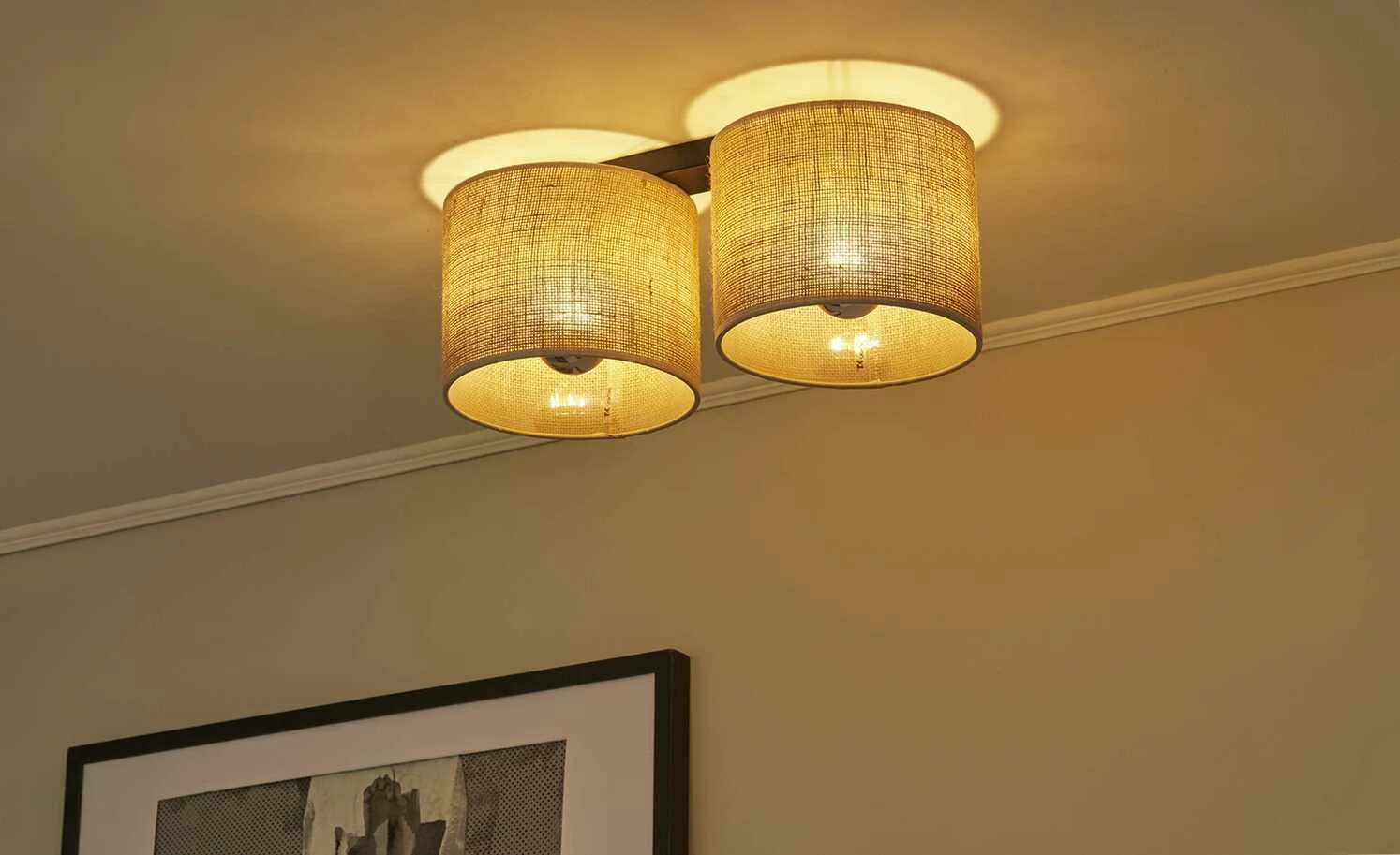 Deckenleuchte, 2-flammig mit Schirmen aus Jute