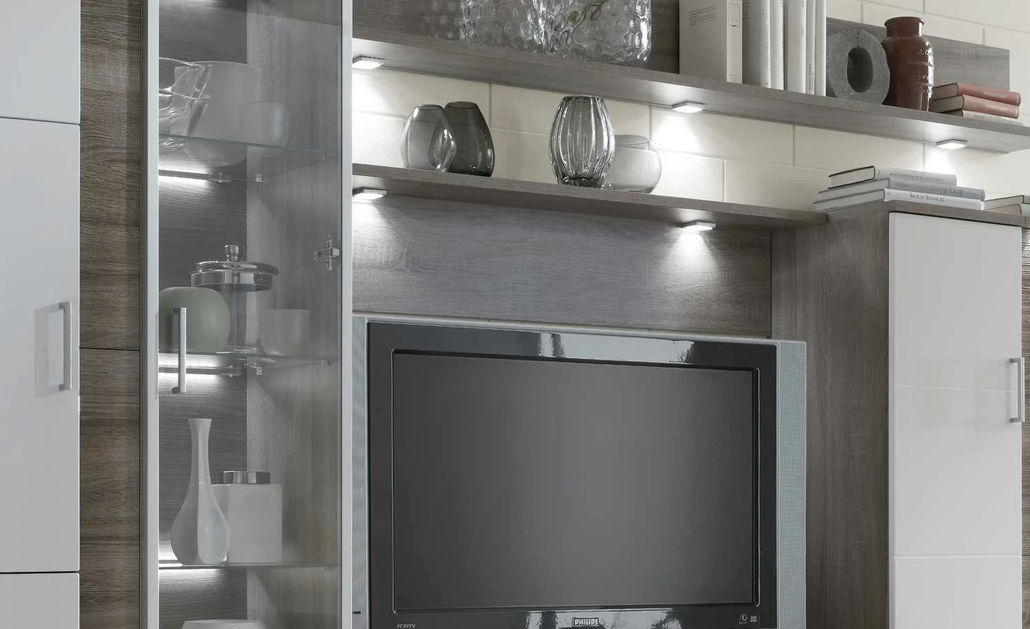 uno LED-Beleuchtungs-Set mit TV-Bühne Onyx | Weiß / Eiche Trüffel sägerau (Nachbildung) – Bild 4