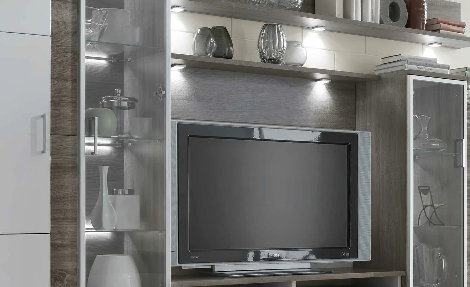 uno LED-Beleuchtungs-Set mit TV-Bühne Onyx | Vanille / Eiche sägerau (Nachbildung) – Bild 6