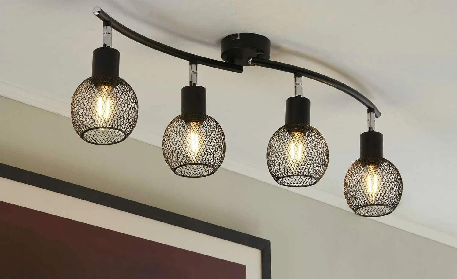 Deckenstrahler, 4-flammig, Drahtschirm schwarz