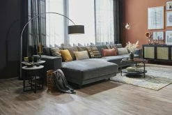 HOME STORY Bogenleuchte mit schwarzem Stoffschirm