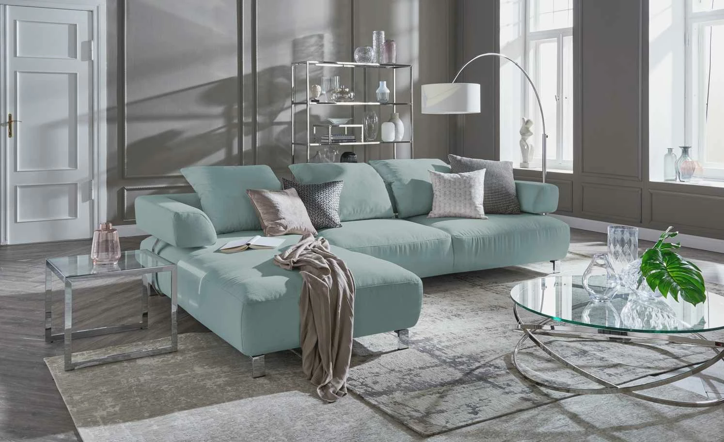 HOME STORY Bogenleuchte mit weißem Stoffschirm – Bild 39