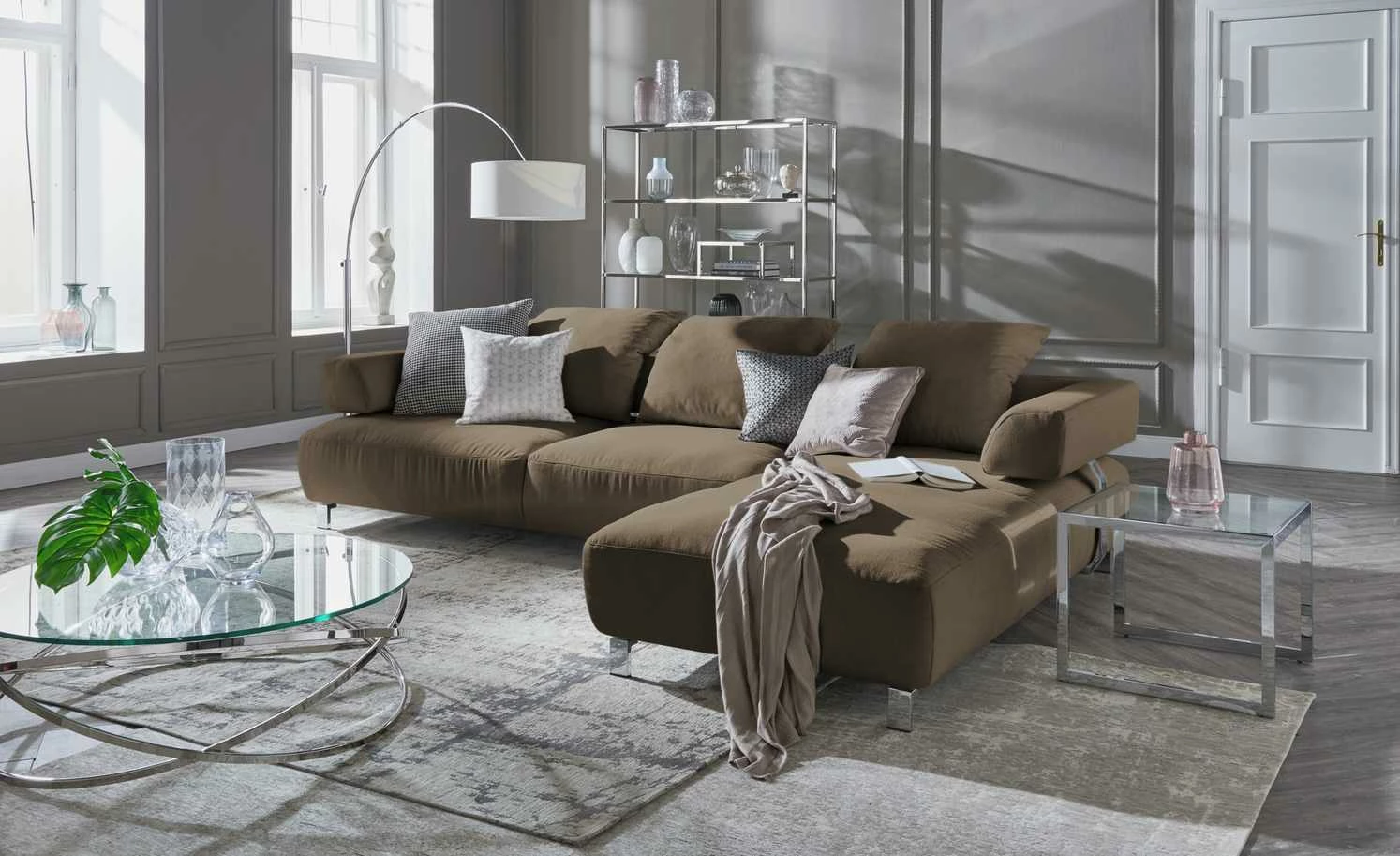 HOME STORY Bogenleuchte mit weißem Stoffschirm – Bild 3