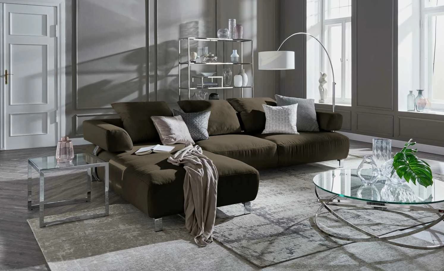 HOME STORY Bogenleuchte mit weißem Stoffschirm